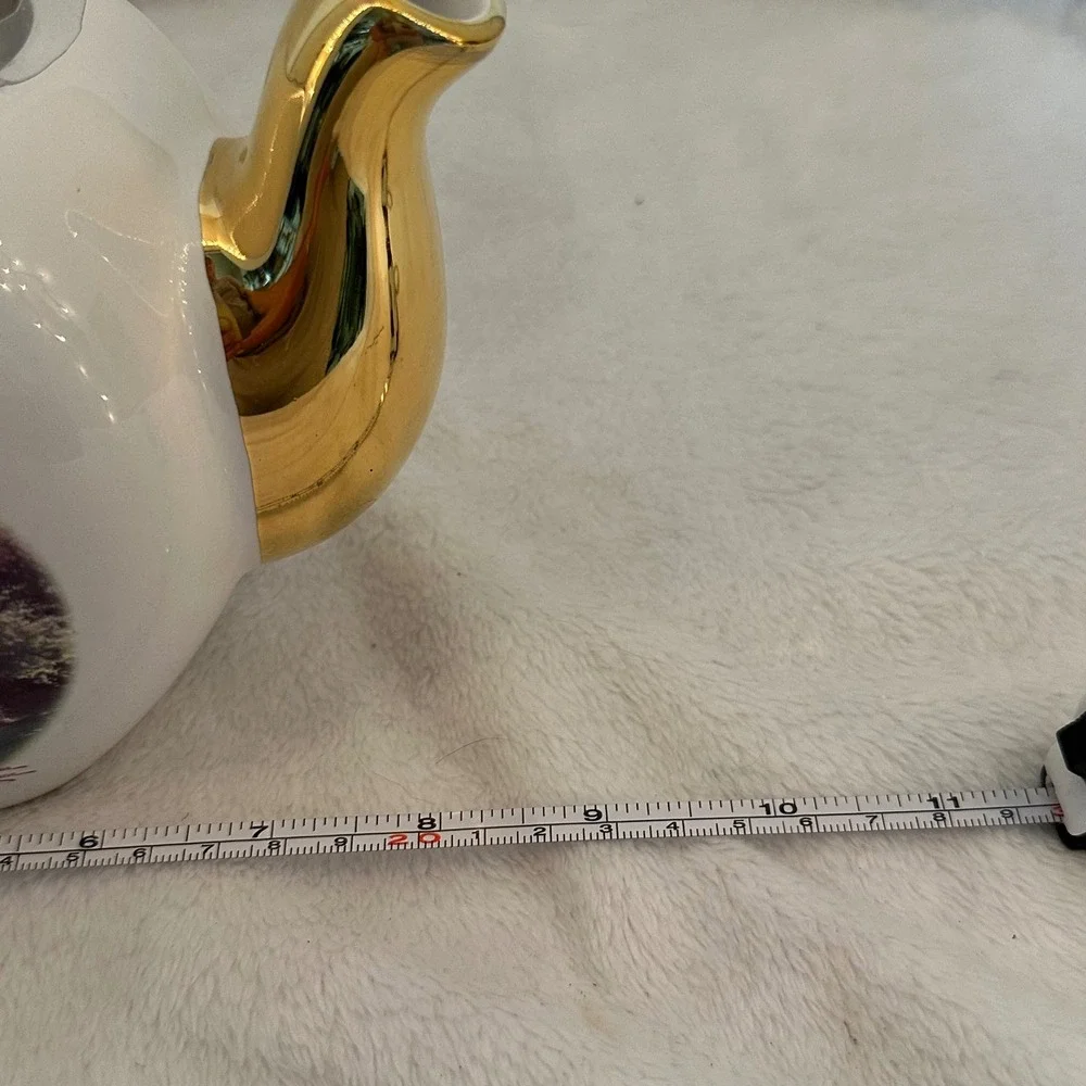 Thomas Kinkade Teapot White New Home Is Where The Heart Is Gold Trim Cottage MCM